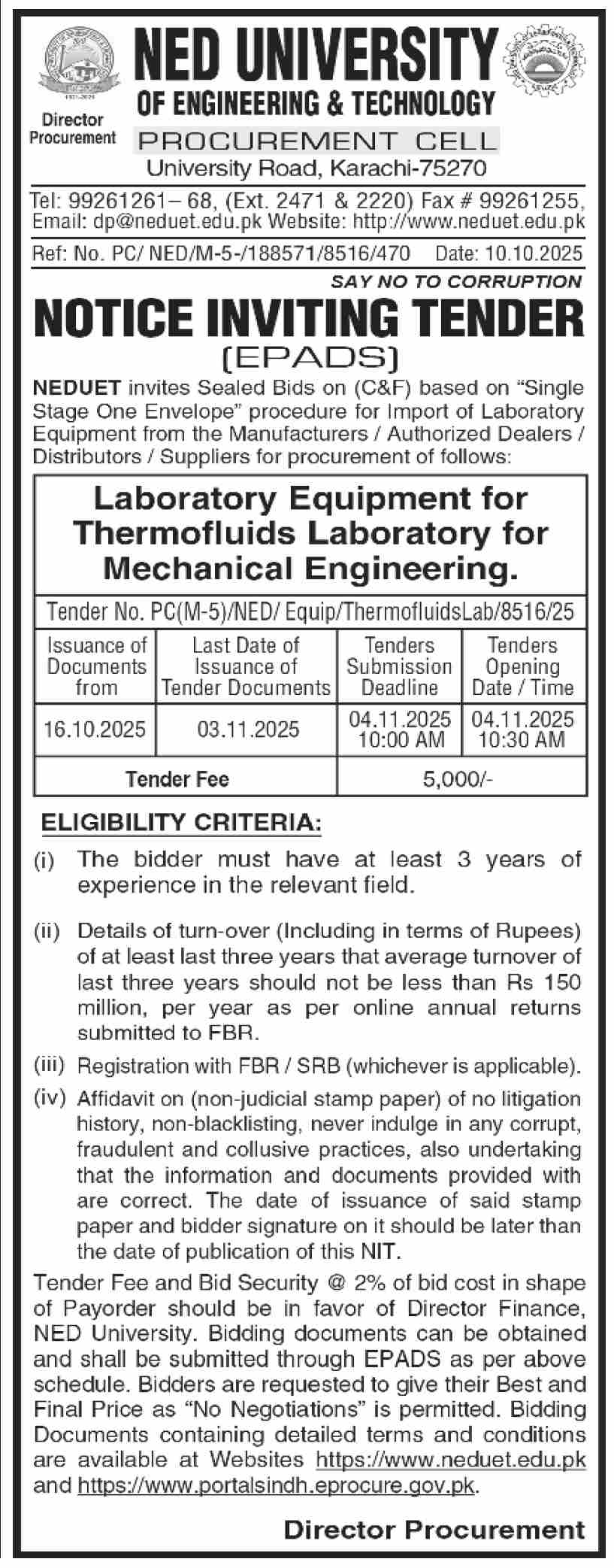 Ned University of Engineering & Technology Tender Notice